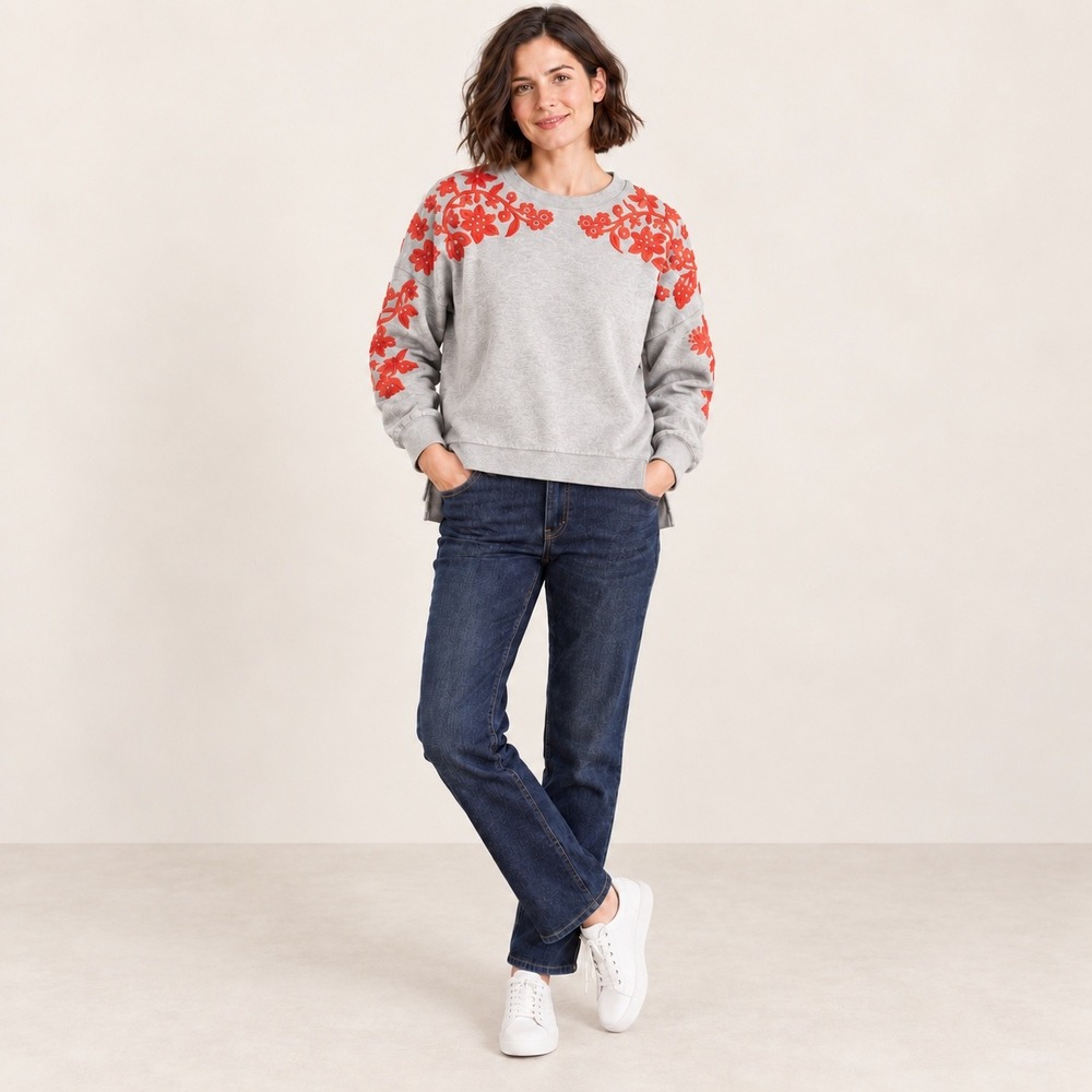 Boden Embroidered Floral Sweatshirt Gray Red Crew Neck High Low Hem Size Medium
